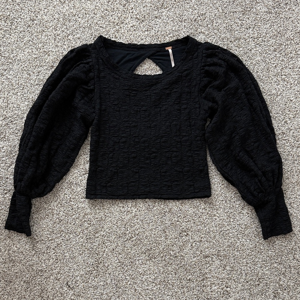 Free People Black Textured Puff Sleeve Top